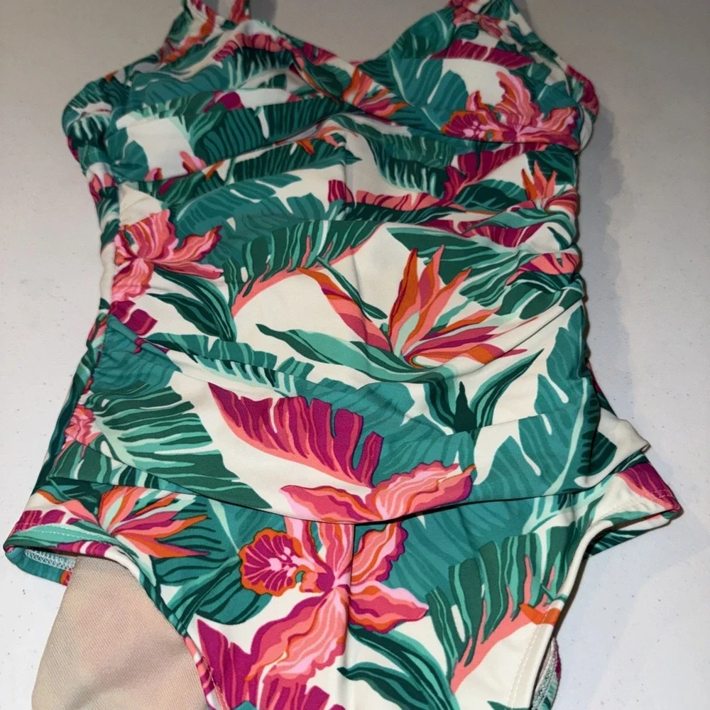 Kona Sol‎ Tropical Floral Palm Print One Piece Swimsuit Green Pink Small 4-6